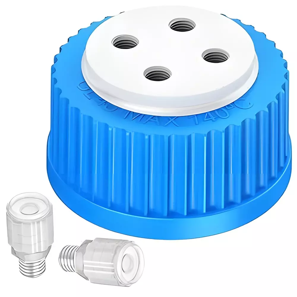 Bysafe GL45 HPLC Bottle Safety Cap 4 Ports for 1/8 inch (3.1 mm) OD Tubing, with Four 1/4 inch (6.35 mm) - 28 Thread Insert Holes for Glass Bottles, 0A-QS0B-Z79Y