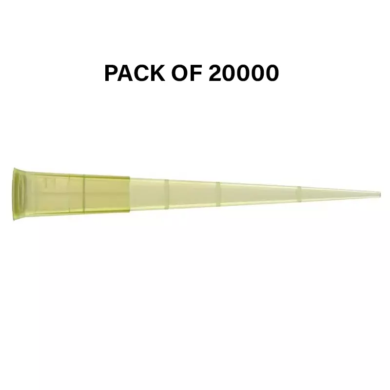 Abdos 1-200 µl Pipette Micro Tip Yellow Color Bevelled Graduated in Resealable Zip Lock Bag, P10124 (Pack of 20000)