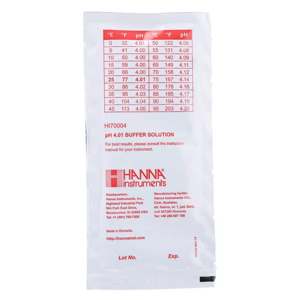 Hanna Instruments pH Buffer Solution, 20 ml Sachet, 4.01, HI70004P (Pack of 25)