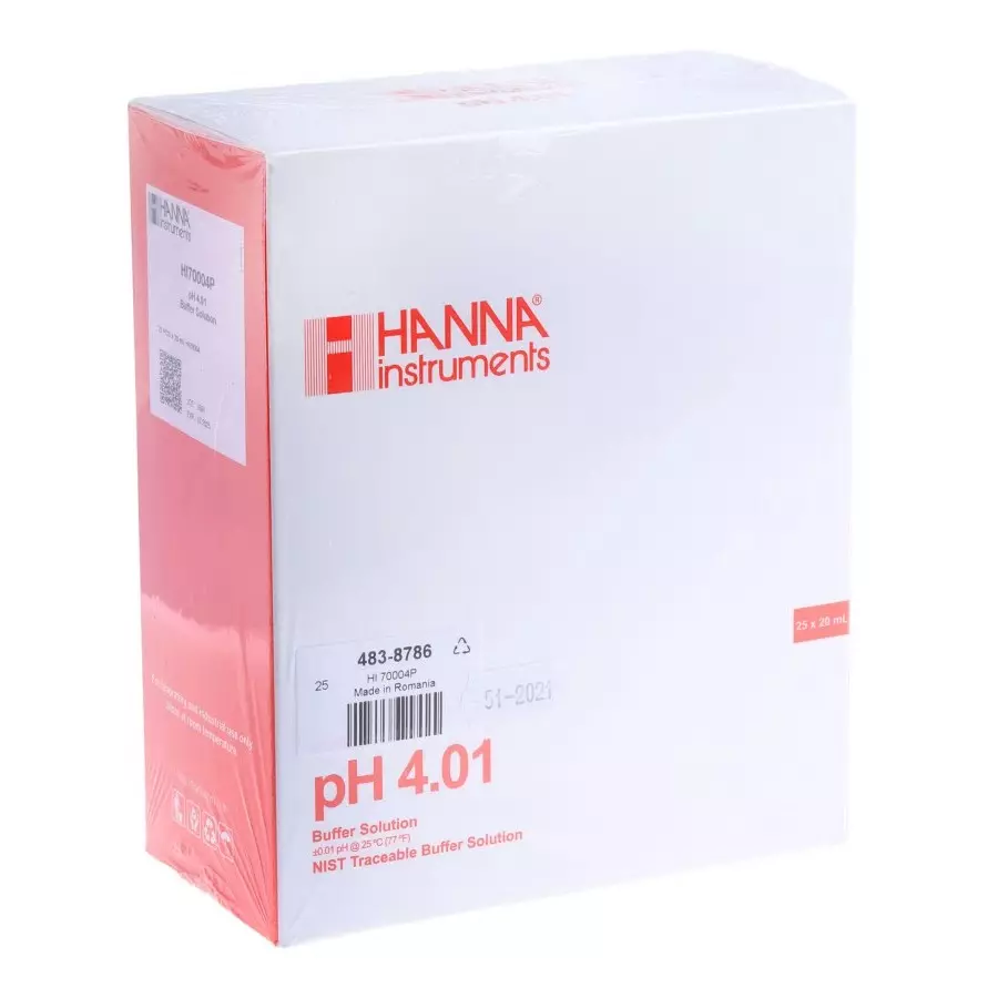 Hanna Instruments pH Buffer Solution, 20 ml Sachet, 4.01, HI70004P (Pack of 25)