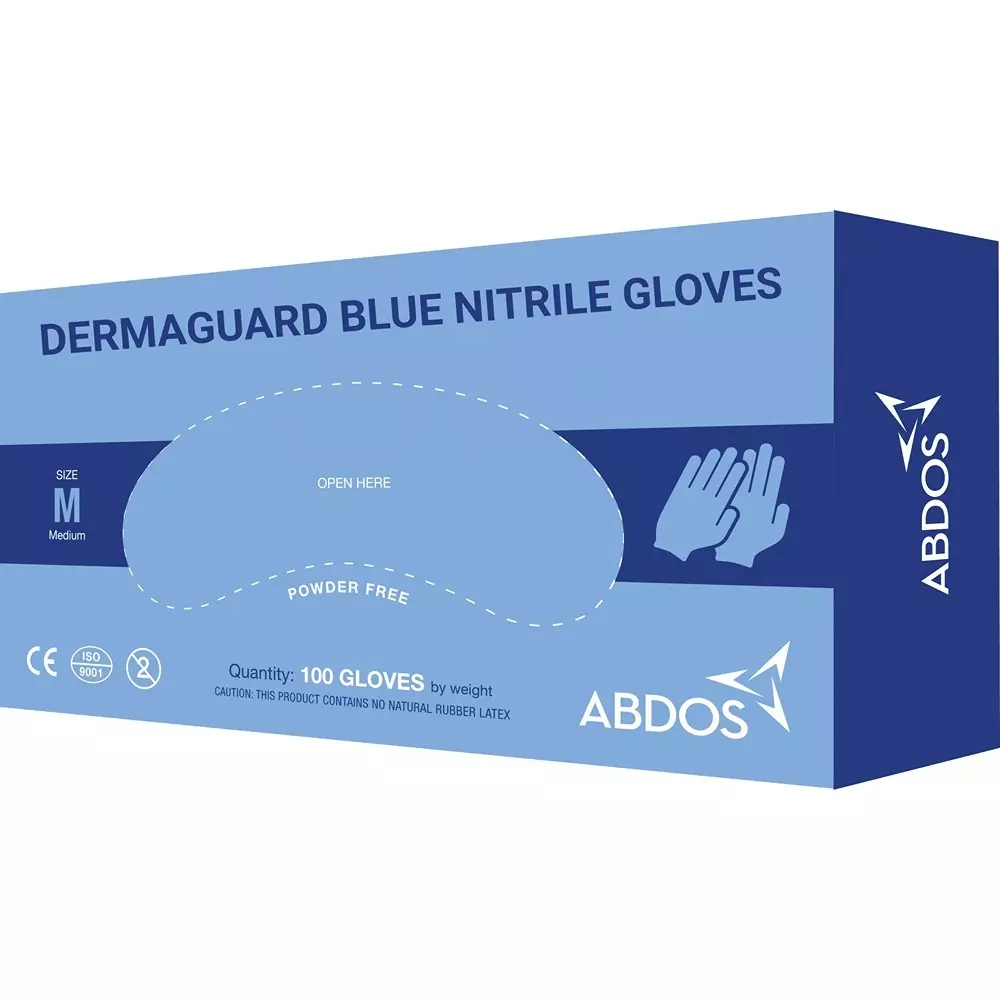 Abdos Derma Guard Nitrile Gloves Powder Free Blue Color 9.5 inch (241.3 mm) Length and Medium Size, U20356 (Pack of 100 Piece)