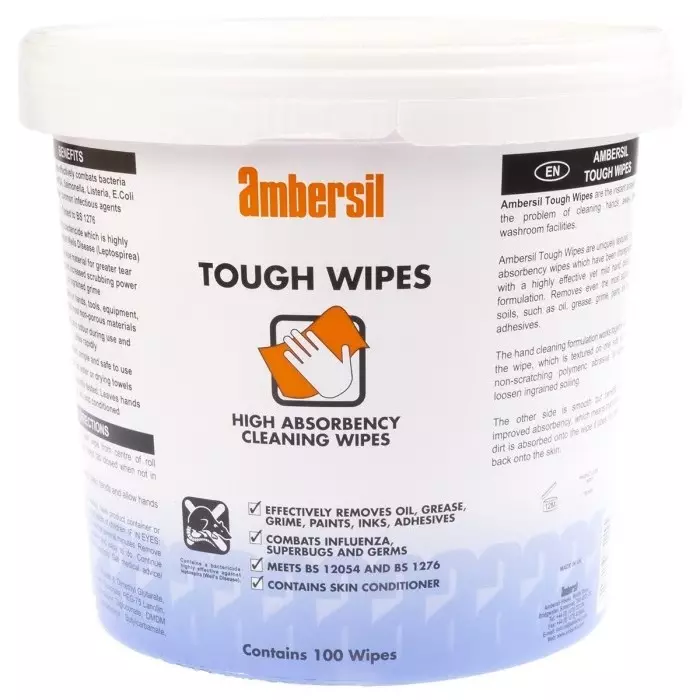 Ambersil TOUGH WIPES Wet Hand Wipes, Bucket of 100, 266 x 280 mm, 30767-AD