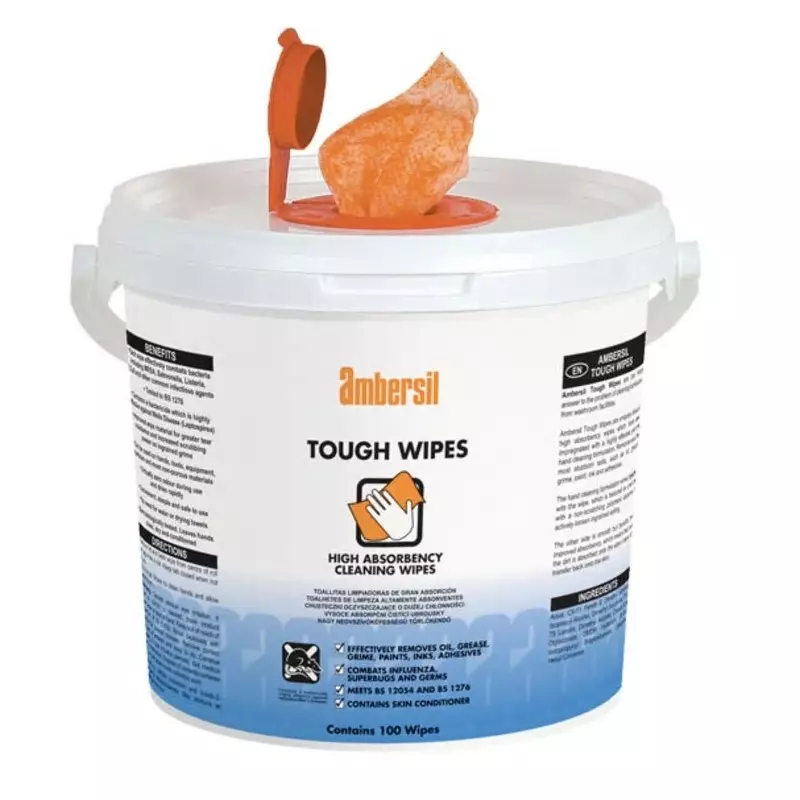 Ambersil TOUGH WIPES Wet Hand Wipes, Bucket of 100, 266 x 280 mm, 30767-AD
