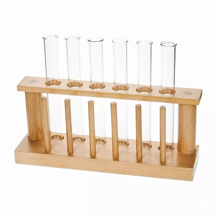 WKM Wooden Test Tube Rack Stand 6 Holes with Drying Pins & 6 Pcs Borosilicate Glass Test Tubes 25 ml Capcity, 18 mm Dia.