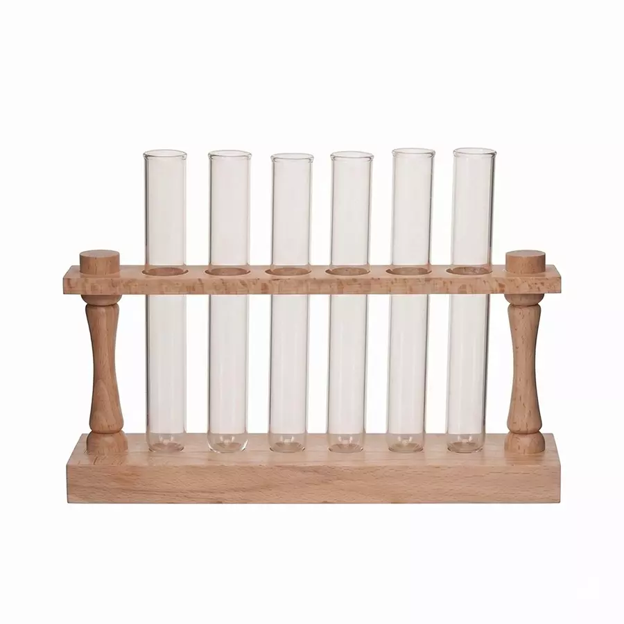 WKM Wooden Test Tube Rack Stand 6 Holes with Drying Pins & 6 Pcs Borosilicate Glass Test Tubes 30 ml Capcity, 22 mm Dia.