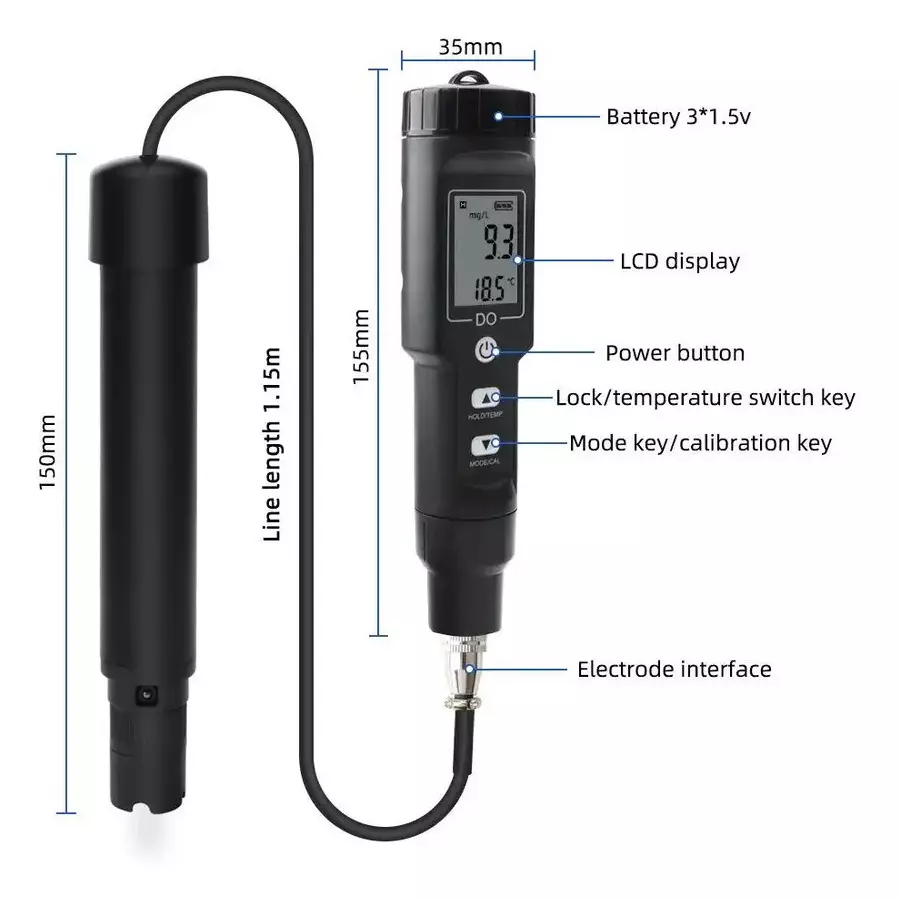 KERRO By MxRady Dissolved Oxygen Meter 0-40 mg/L Measuring Range ±1.5% F.S. Accuracy Black, DO-9100