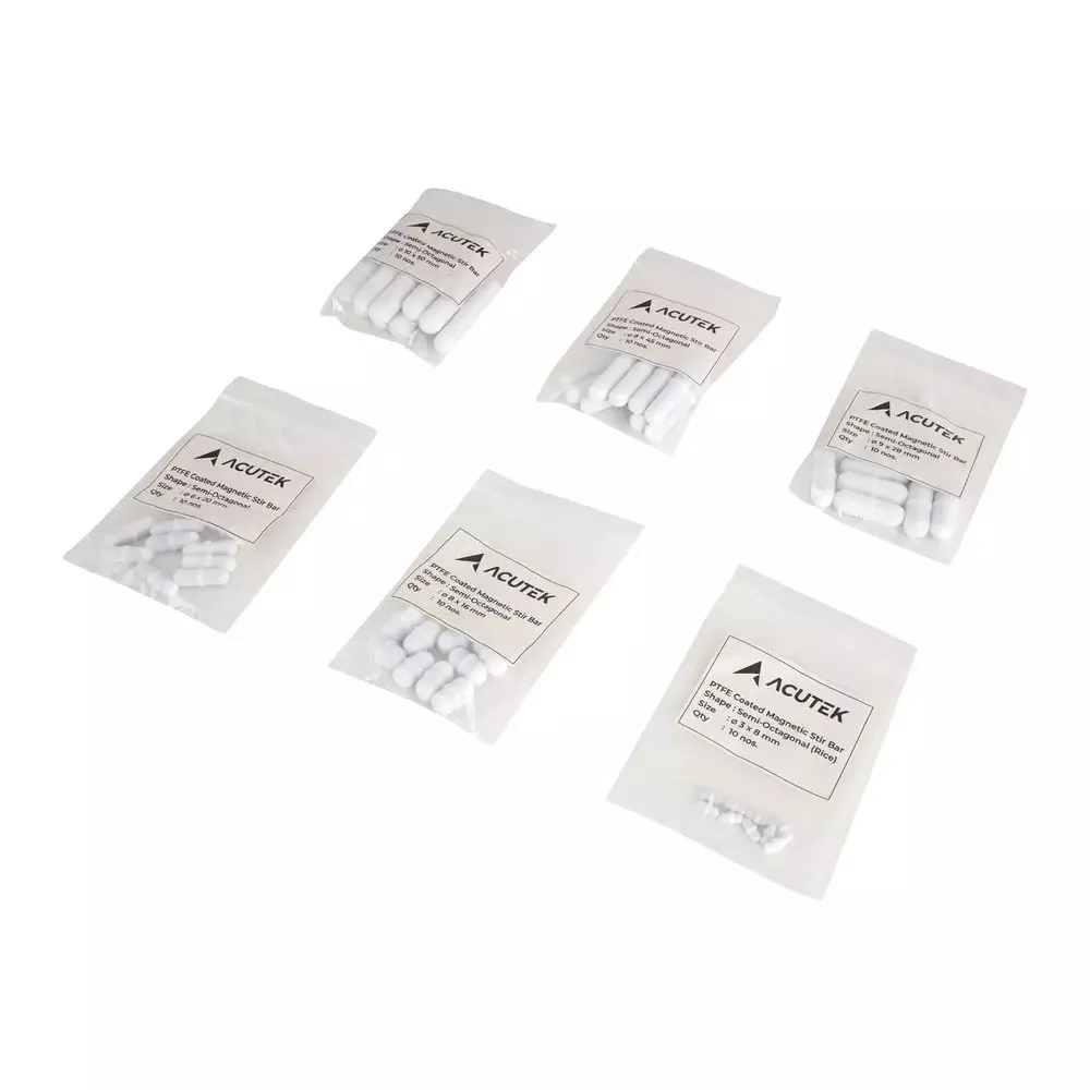 Acutek Semi-Octagonal Stiring Bar 8 mm Dia 25 mm Length PTFE-Coated, RO-825-P10 (Pack of 100)