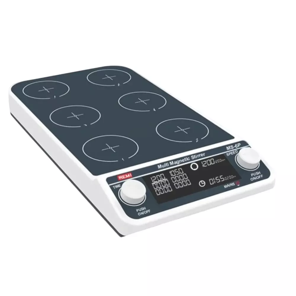 REMI 3 L Stirring Capacity Multiple Magnetic Stirrer With 6 Positions of 500 ml Each Brushless Motor, LCD Display and 50-1500 rpm Speed, MS-6 P
