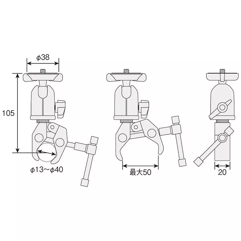 hozan-free-pan-head-with-clamp-50-mm-opening-l-506