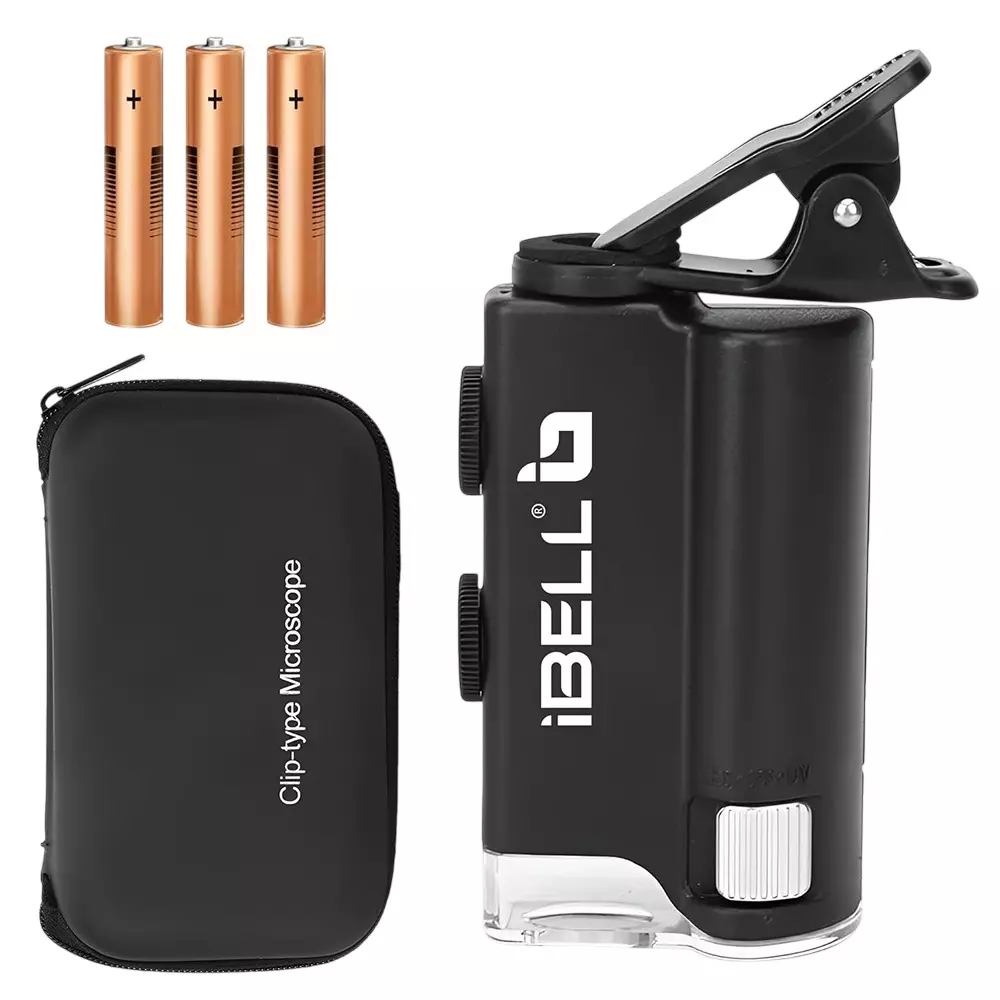 IBELL Pocket Microscope 60X-100X Magnification Optical Glass Lens with Phone Clip & 3 Pcs AAA Batteries, IBL ML60-10