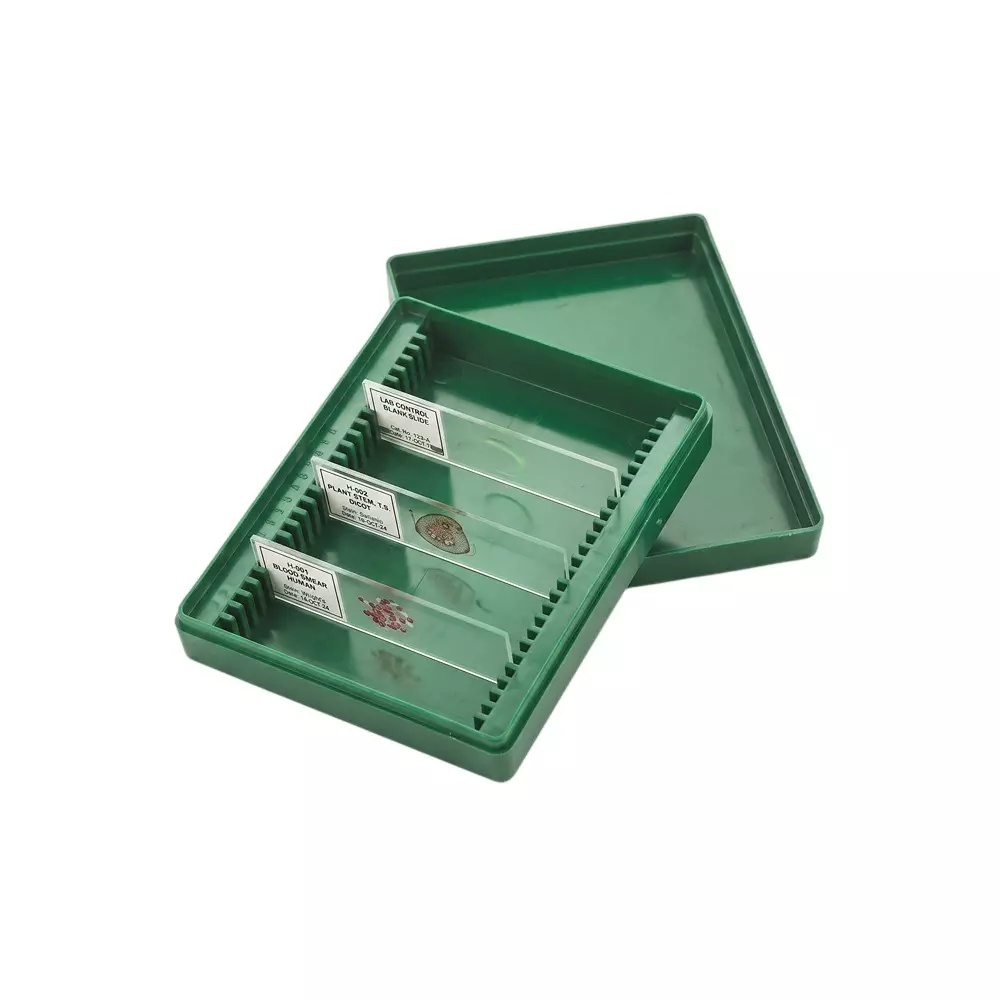 WKM Microscope Slide Box Durable Polystyrene 100 Slot Storage with Secure & Dustproof Lid Green