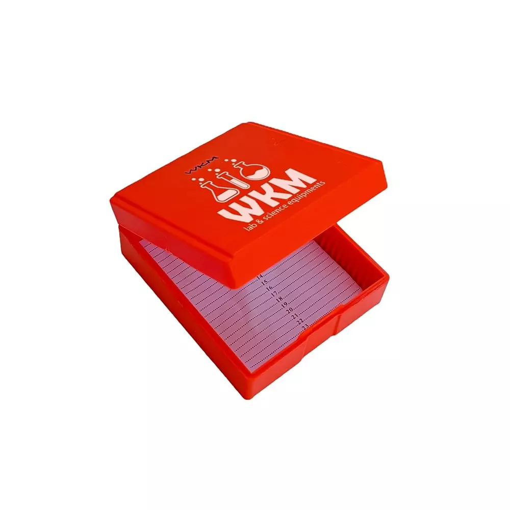 WKM Microscope Slide Box Compact Polystyrene 25 Slot Storage with Secure & Dustproof Lid Orange