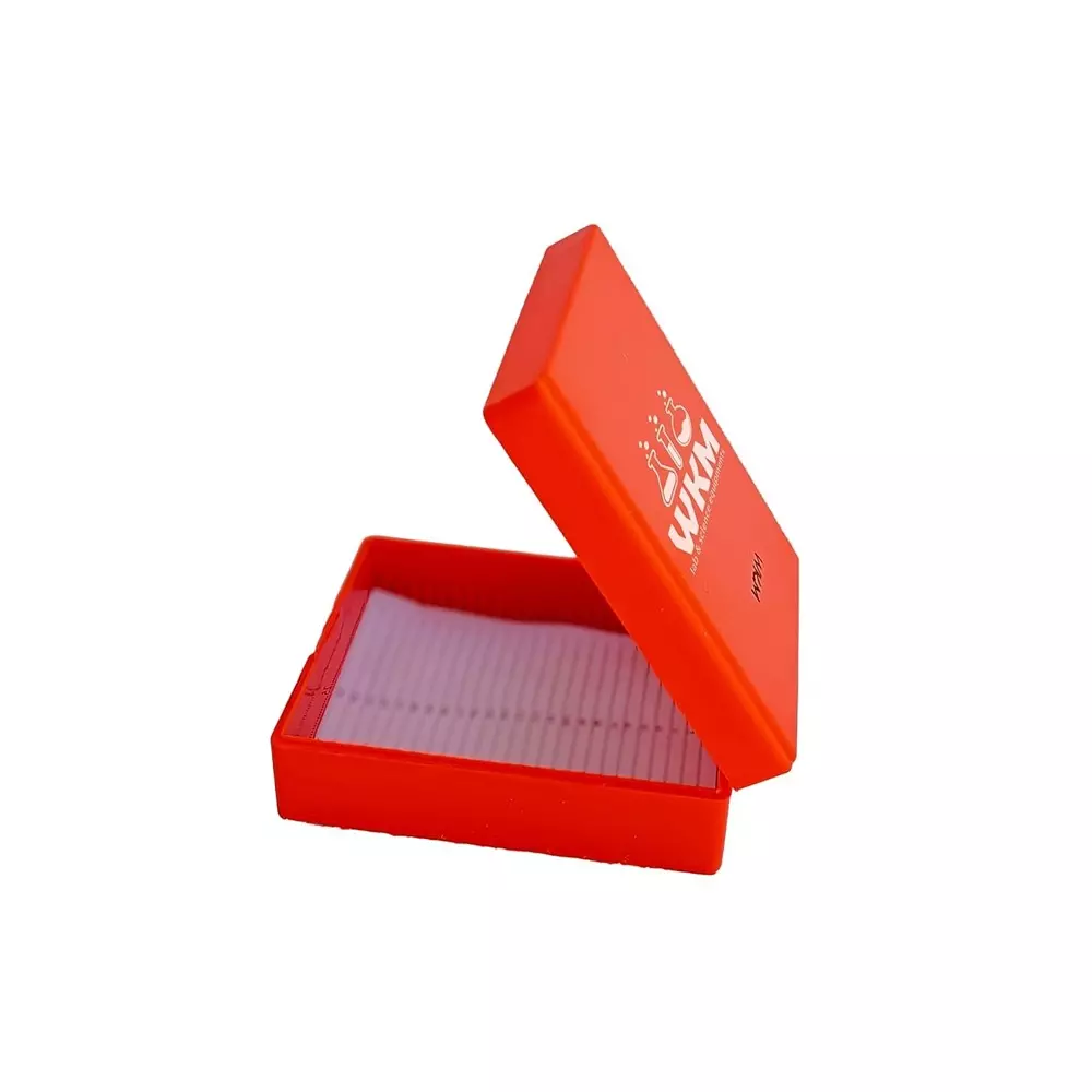 wkm-microscope-slide-box-compact-polystyrene-25-slot-storage-with-secure-dustproof-lid-orange