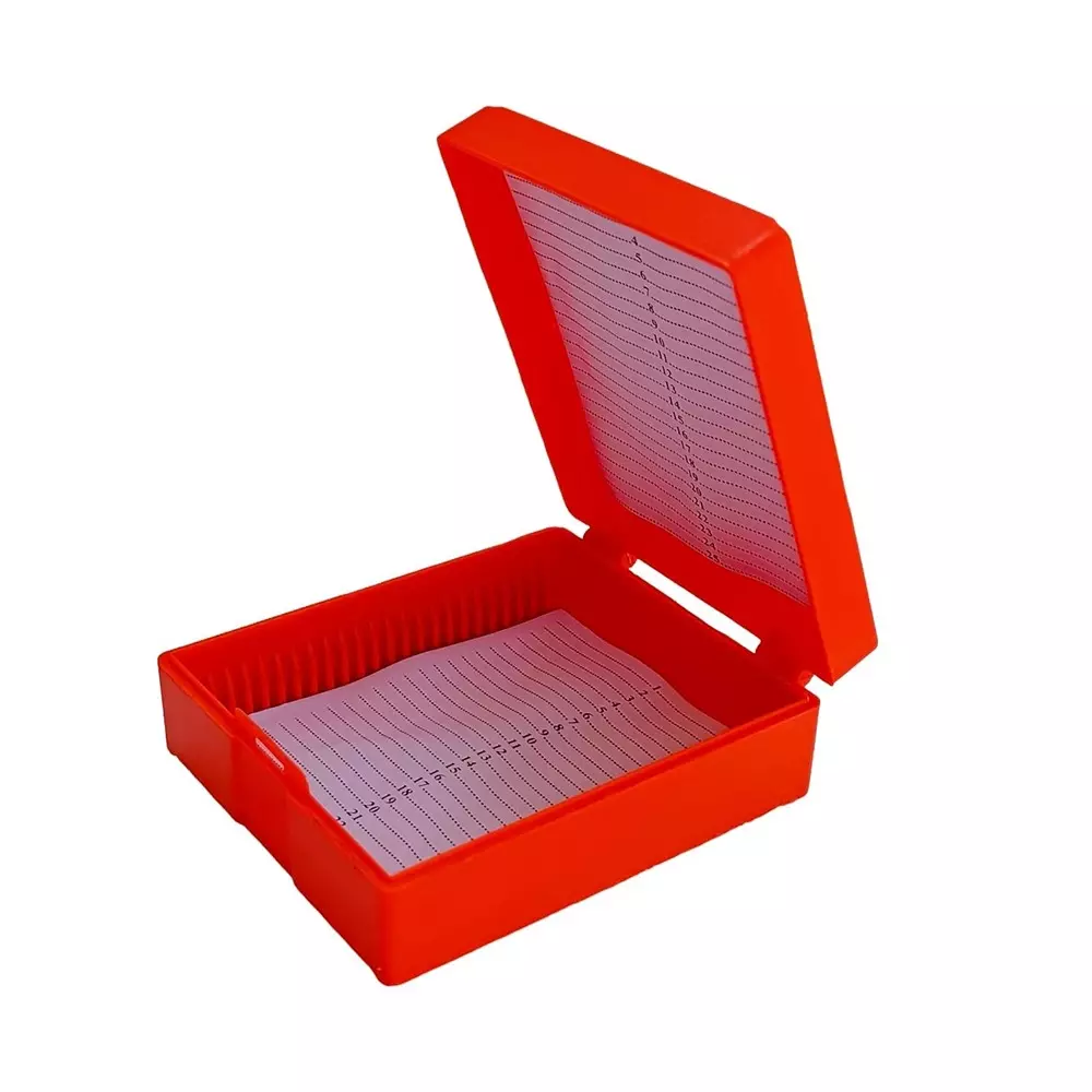 wkm-microscope-slide-box-compact-polystyrene-25-slot-storage-with-secure-dustproof-lid-orange