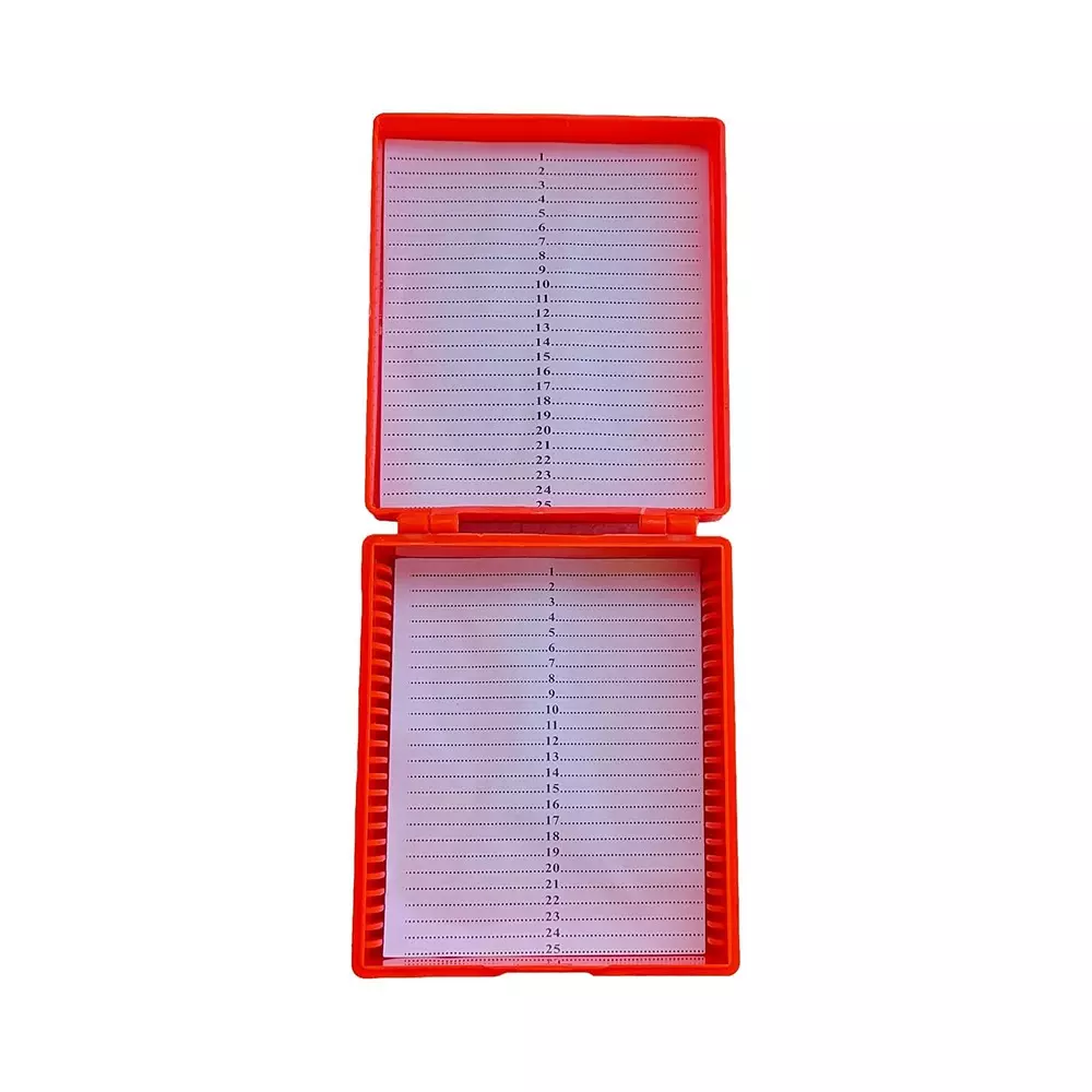 wkm-microscope-slide-box-compact-polystyrene-25-slot-storage-with-secure-dustproof-lid-orange