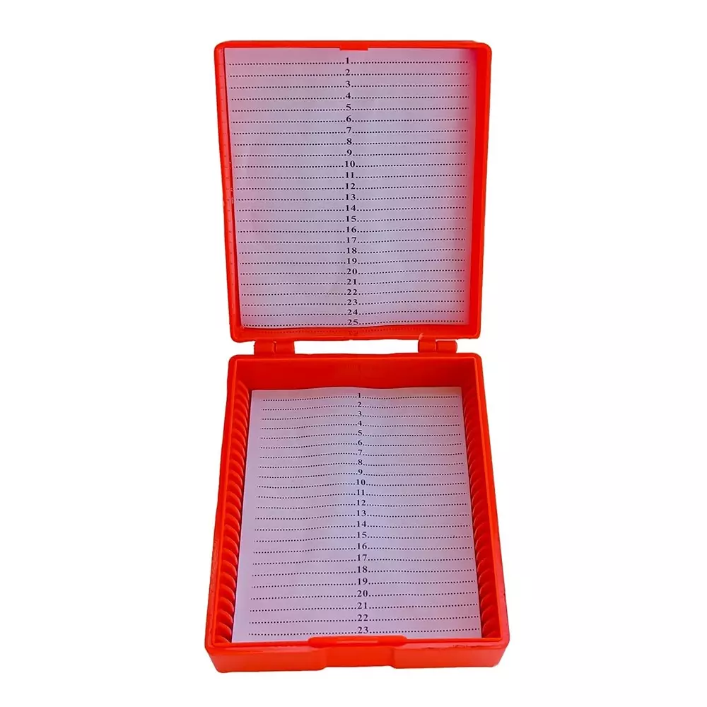 wkm-microscope-slide-box-compact-polystyrene-25-slot-storage-with-secure-dustproof-lid-orange