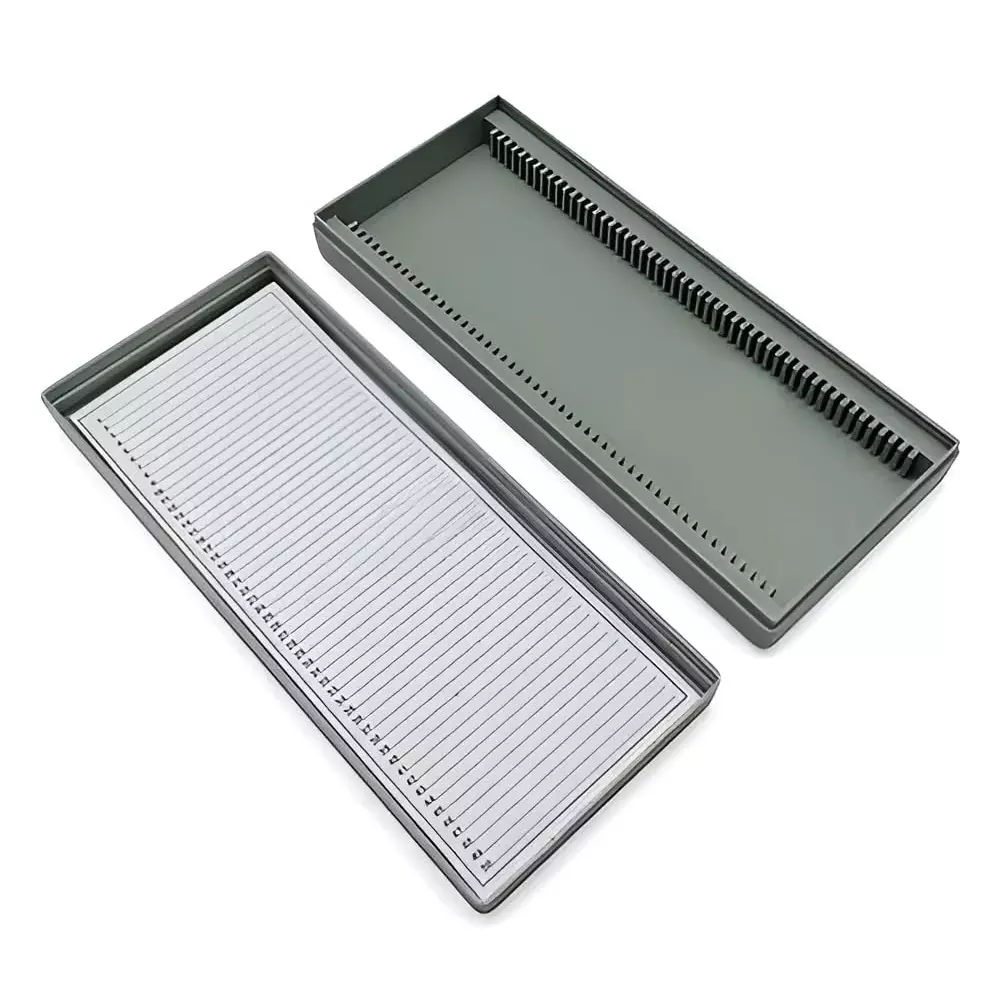 WKM Microscope Slide Box Compact Polystyrene 50 Slot Storage with Secure & Dustproof Lid Grey
