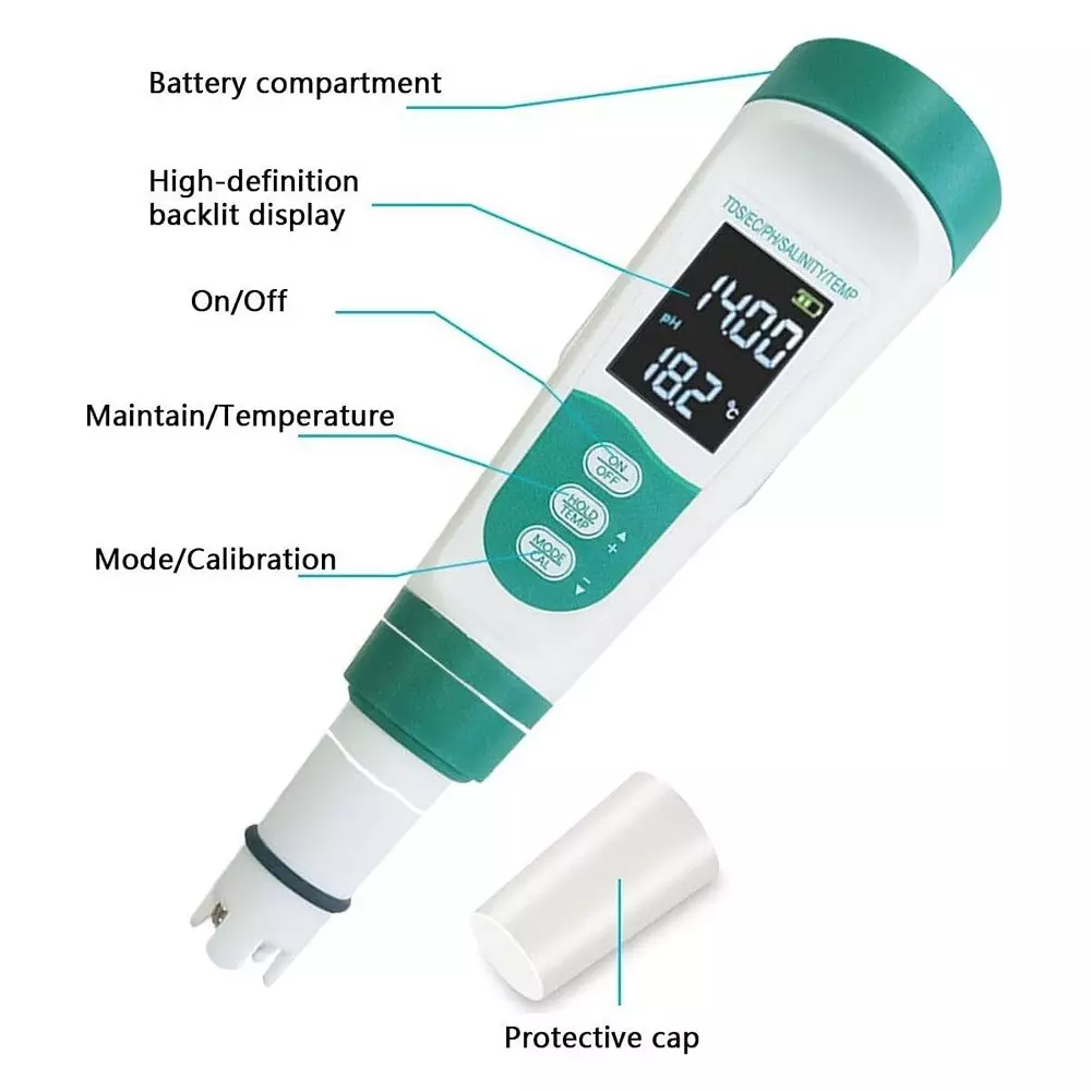 KERRO 5 in 1 ph Meter for Measuring PH, TDS, Salinity, EC, Temperature, PH METER 5 IN 1
