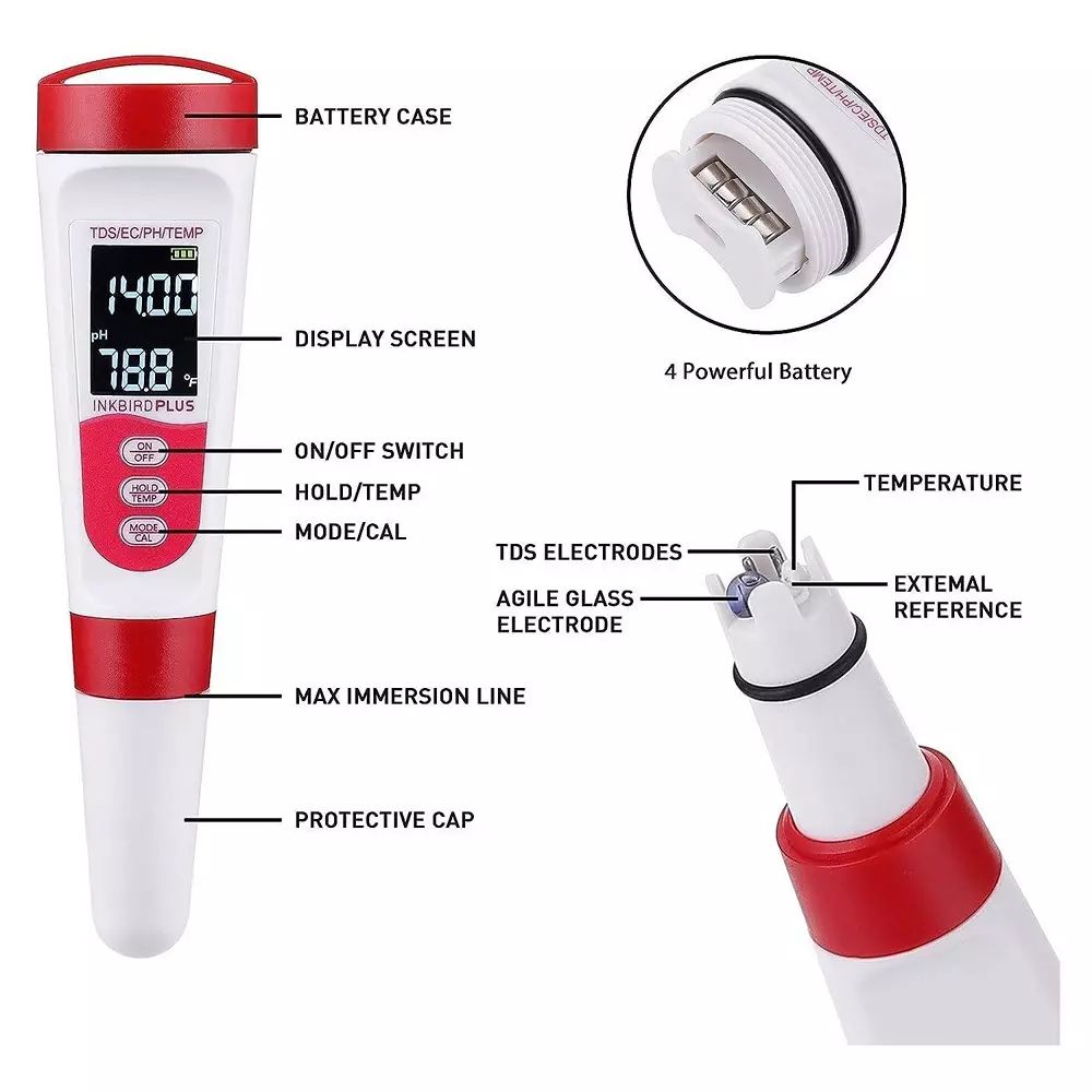 KERRO 4 in 1 pH Meter with 3 Point Calibration for Measuring PH, EC, TDS, Temperature, PH 4 in 1
