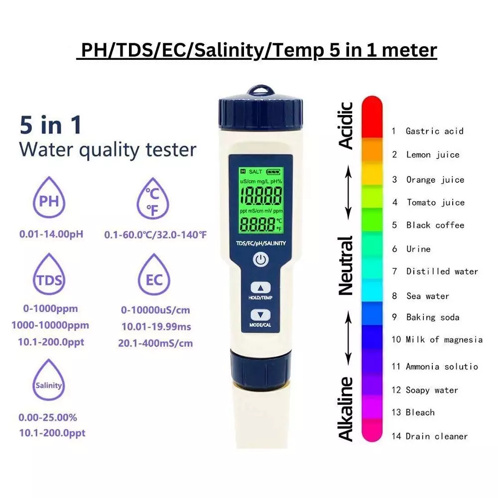 KERRO 5 in 1 PH Meter for Measuring PH, TDS, Salinity, Temperature, EC Meter, PH 5 in 1