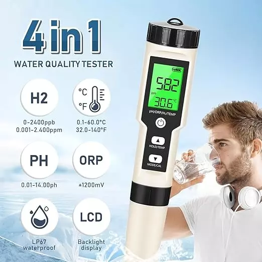 Bysafe 4-in-1 Professional Hydrogen/PH/ORP/Temperature Meter LCD Backlight Display and IP67 Rating, E9-ULDM-JNSB
