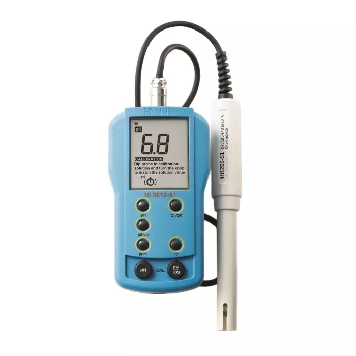 Hanna Instruments pH Meter, 0.1pH Accuracy, 0.1pH Resolution, 14pH Max, +70 °C Max, HI-9812-51
