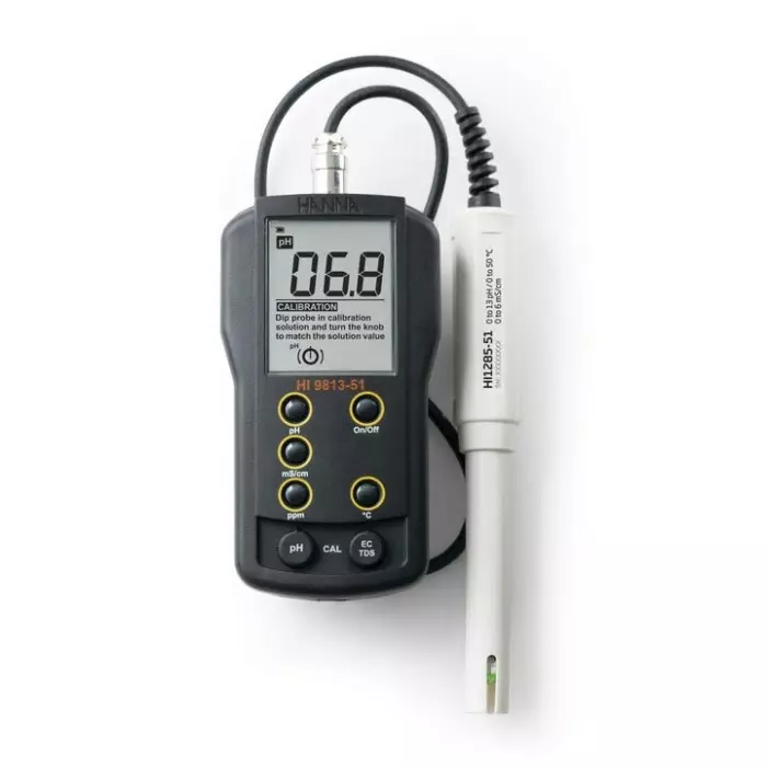Hanna Instruments pH Meter, 0.1pH Accuracy, 0.1pH Resolution, 14pH Max, +60 °C Max, HI-9813-51