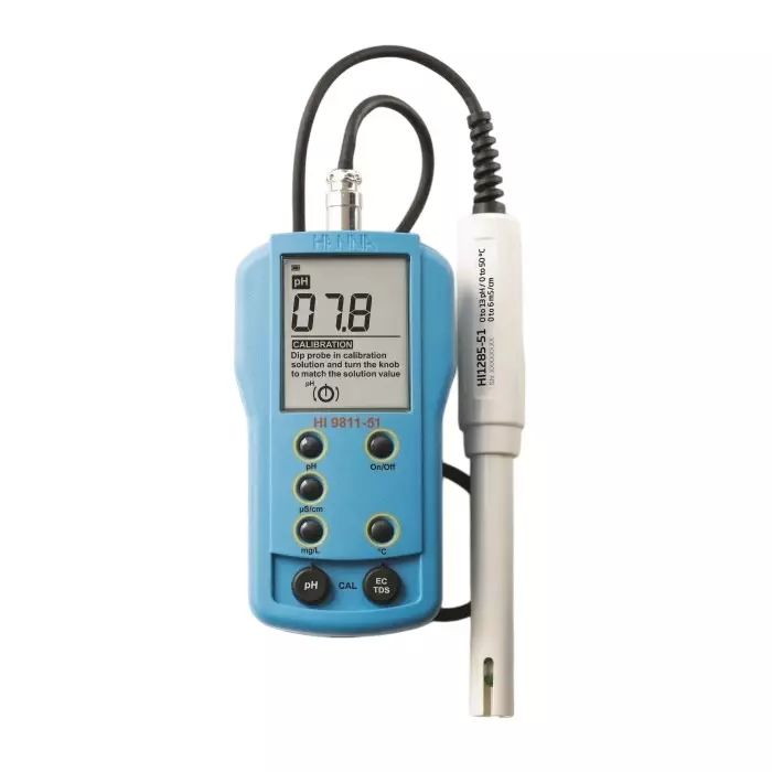 Hanna Instruments pH Meter, 0.1pH Accuracy, 0.1pH Resolution, 14pH Max, +70 °C Max, HI-9811-51