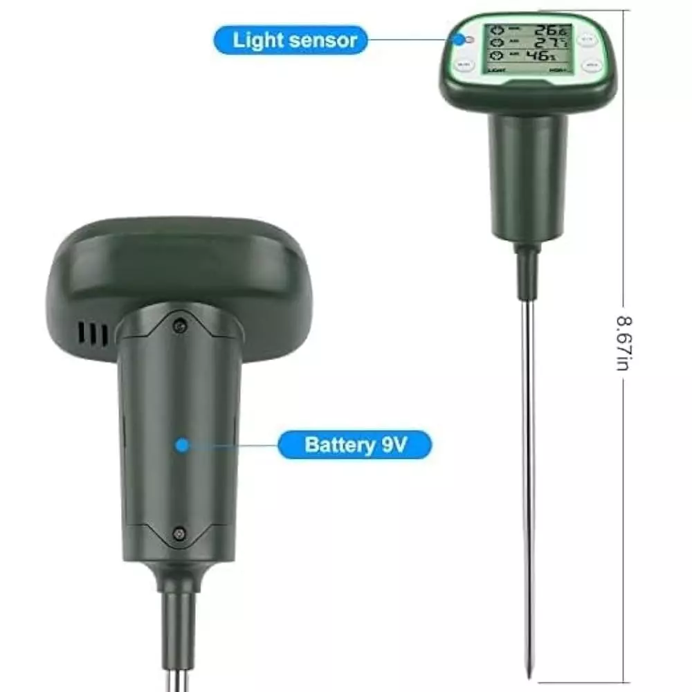 ACETEQ Digital Soil pH Meter 220 mm (8.67 inch) Length Digital Display 4-in-1 Tester for Temperature Green, SPH-108