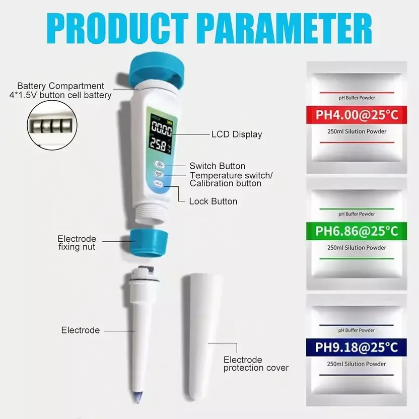 KERRO By MxRady pH Meter 0°C-60°C (32°F-140°F) Measuring Range with LCD Display White & Blue, FPM-01