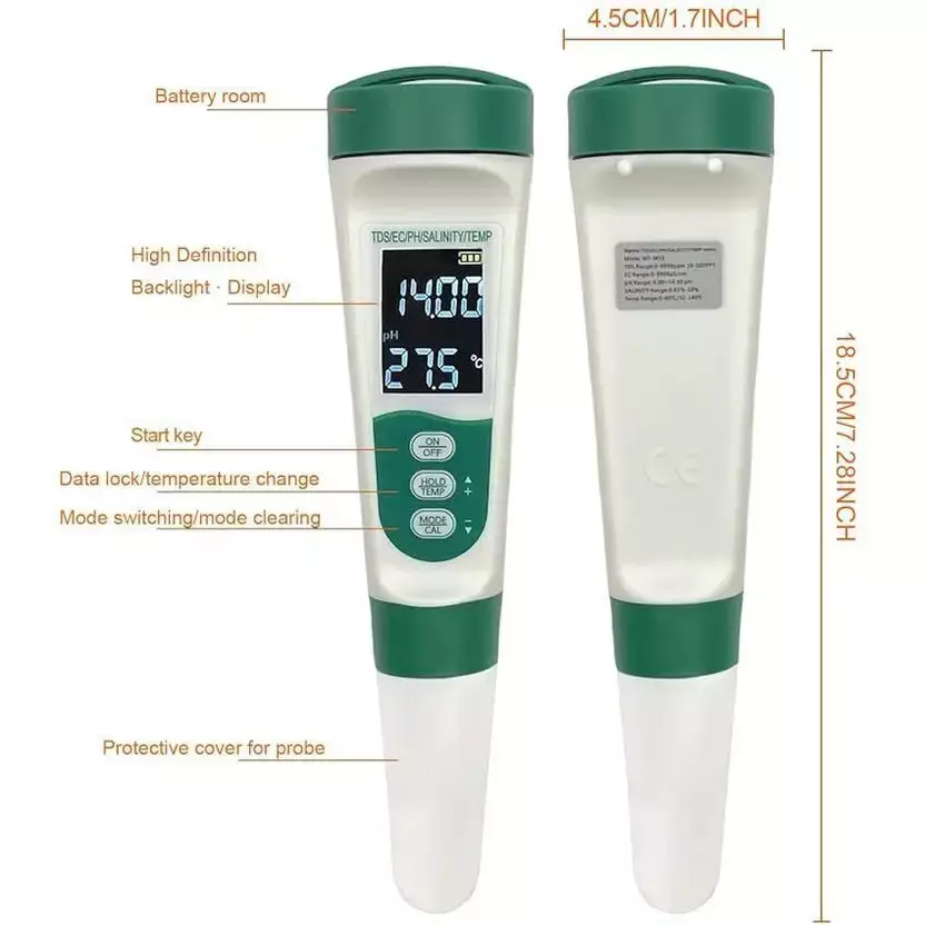 KERRO 5-in-1 PH Meter for PH, TDS, Salinity, Temperature & EC Tester with Rechargeable Battery