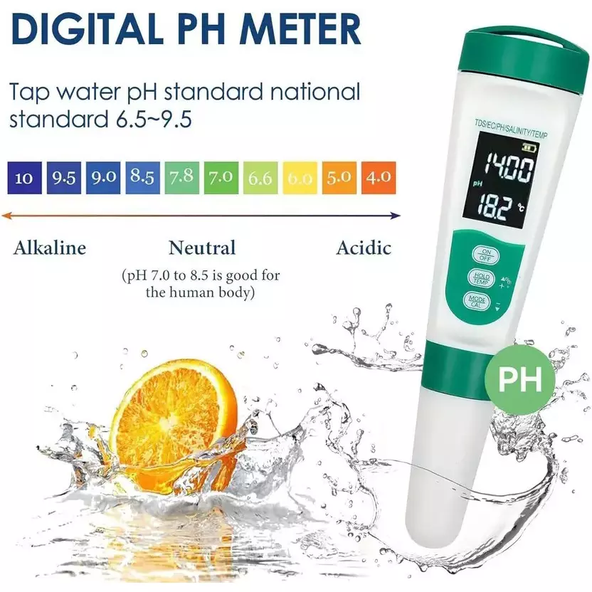 KERRO 5-in-1 PH Meter for PH, TDS, Salinity, Temperature & EC Tester with Rechargeable Battery