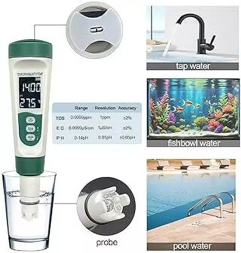 KERRO 5-in-1 PH Meter for PH, TDS, Salinity, Temperature & EC Tester with Rechargeable Battery