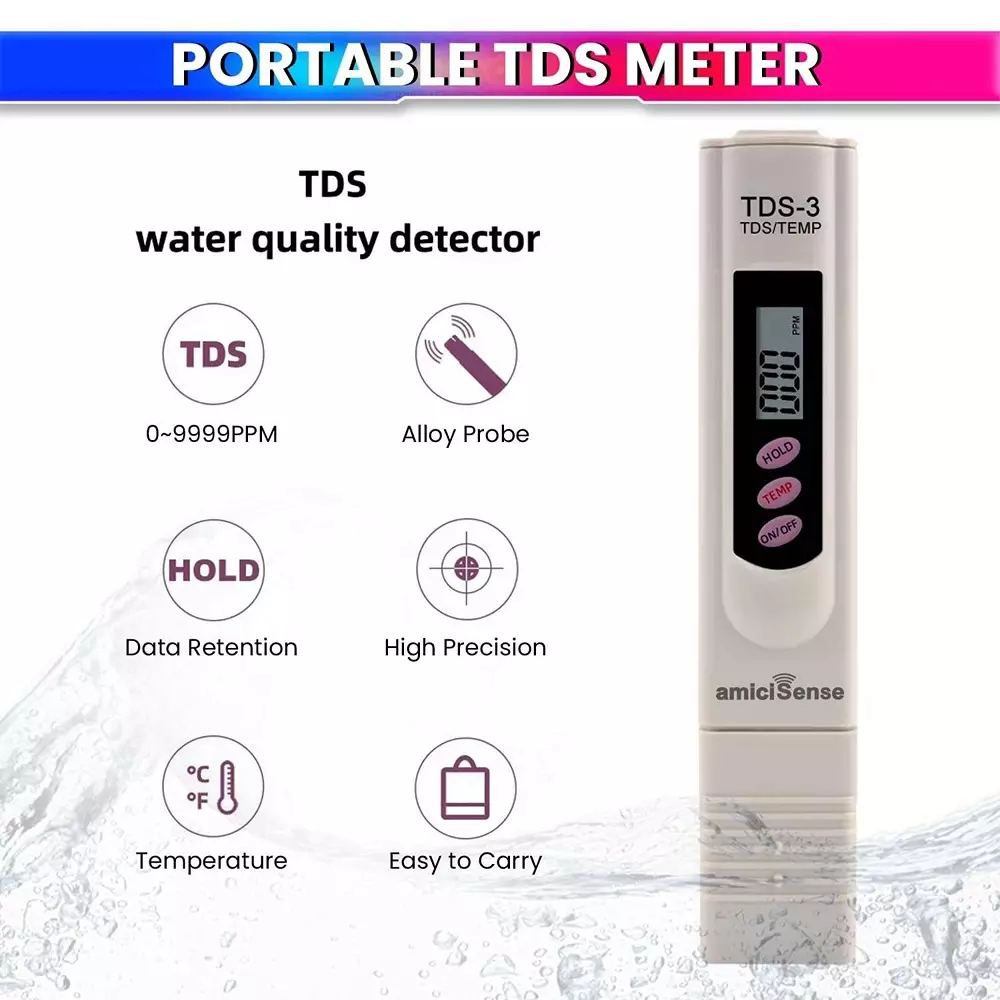 amiciSense Digital TDS Meter Pen 1-9999PPM with Temperature Measurement for Drinking Water, Aquariums