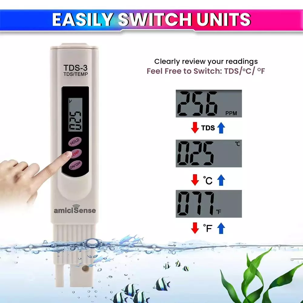 amiciSense Digital TDS Meter Pen 1-9999PPM with Temperature Measurement for Drinking Water, Aquariums