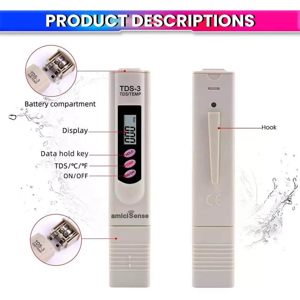 amiciSense Digital TDS Meter Pen 1-9999PPM with Temperature Measurement for Drinking Water, Aquariums