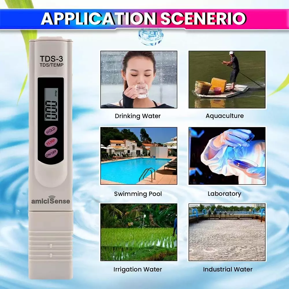 amiciSense Digital TDS Meter Pen 1-9999PPM with Temperature Measurement for Drinking Water, Aquariums