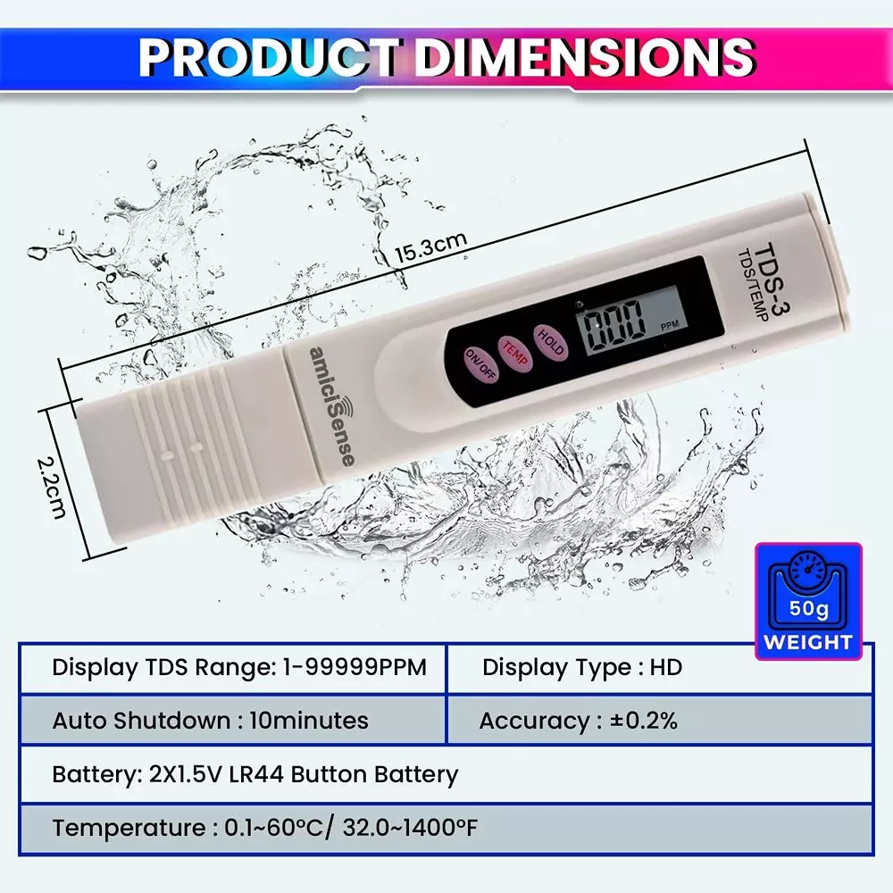 amiciSense Digital TDS Meter Pen 1-9999PPM with Temperature Measurement for Drinking Water, Aquariums