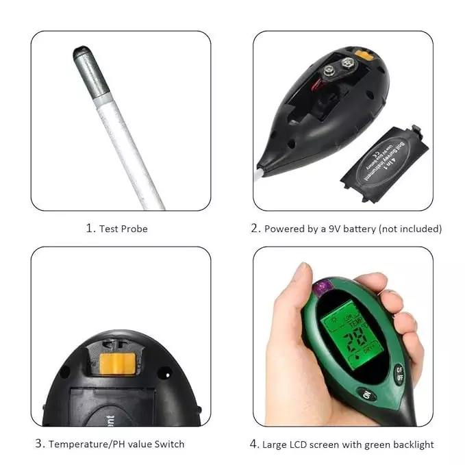 KERRO 4 in 1 Hydroponic Soil Ph Tester with Sensor Probe and Digital LCD Display, KSP-10