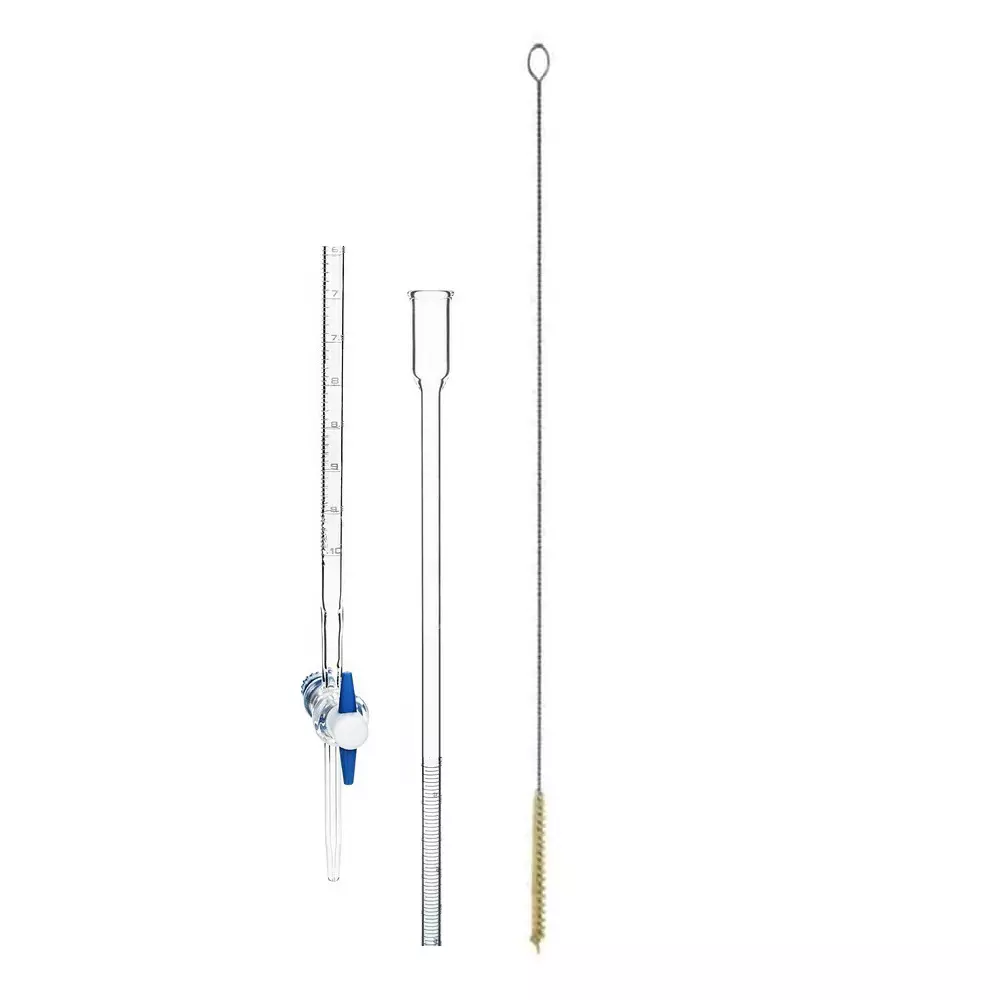 ABGIL Borosilicate Glass Micro Burette Single Bore with Cleaning Brush & Stright Straight Bore PTFE Plug Stopcock 10 ml Capacity, ABG1075