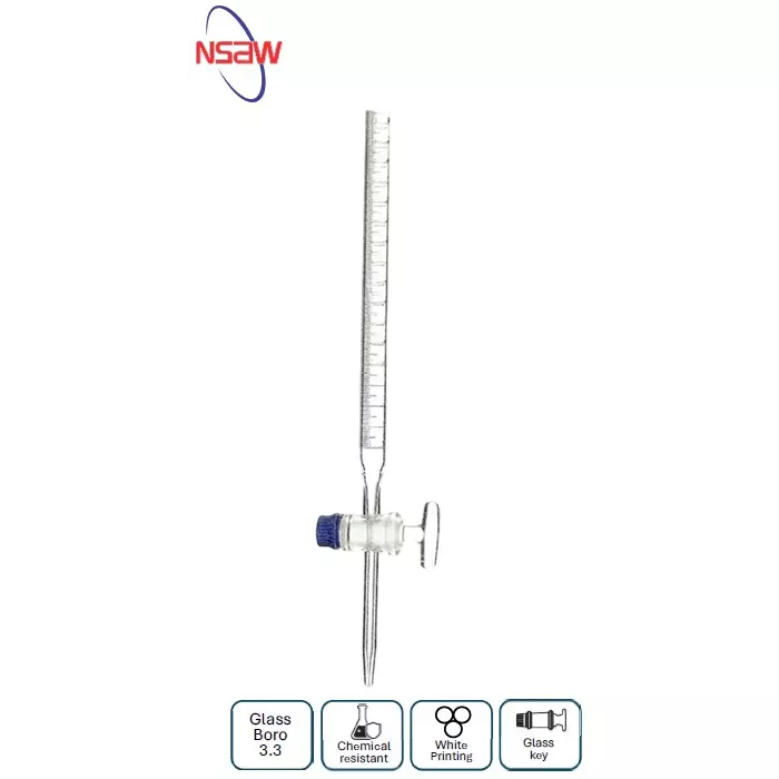 NSAW Burettes 5 ml Capacity Glass Bore 3.3 Material White 0.02 ml Graduation Highly Resistant To Chemical Attack with Glass Key, 1/1 Cat No