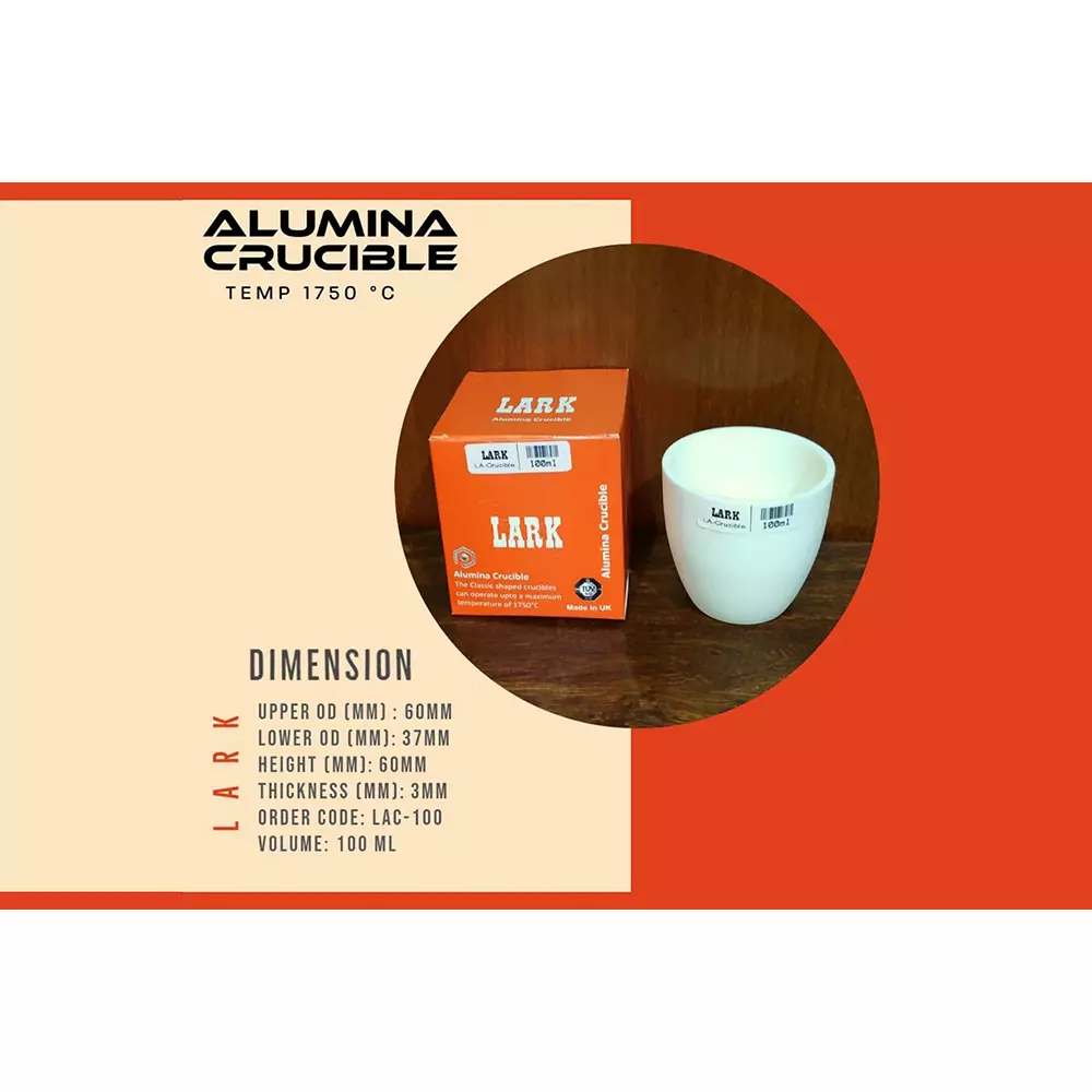 LARK Alumina Crucible 100 ml Capacity and 1750°C Temperature Rating for Laboratories, LAC-100