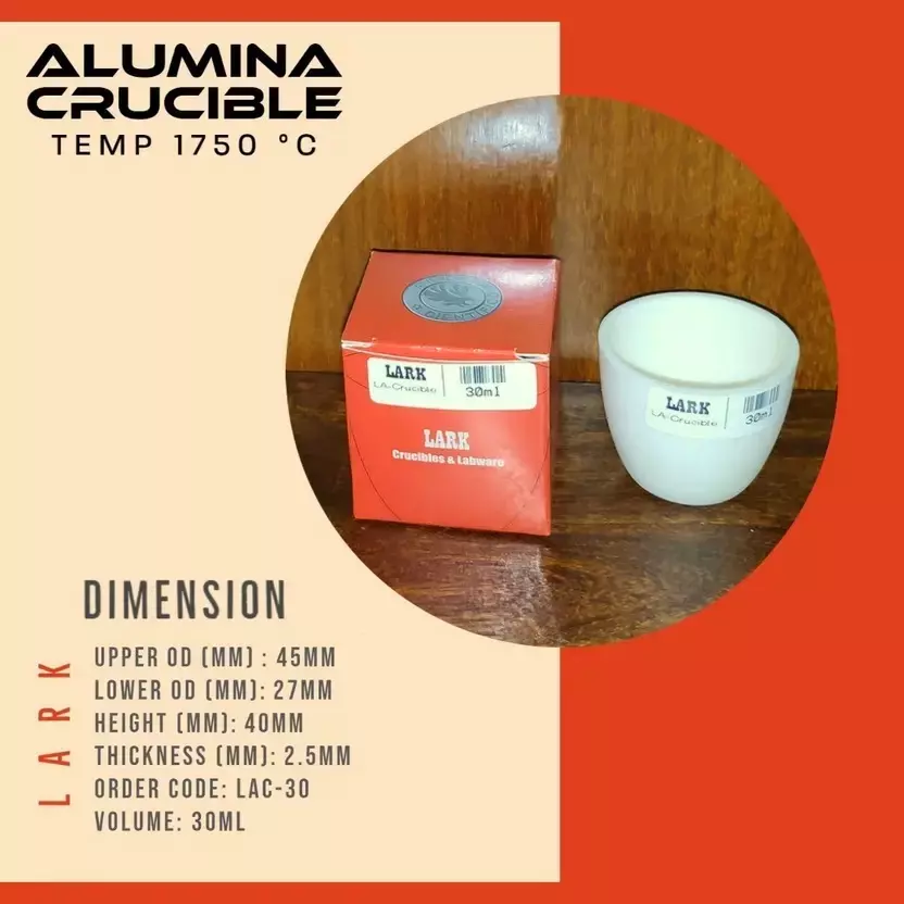 LARK Alumina Crucible 30 ml Capacity and 1750°C Temperature Rating for Laboratories, LAC-30