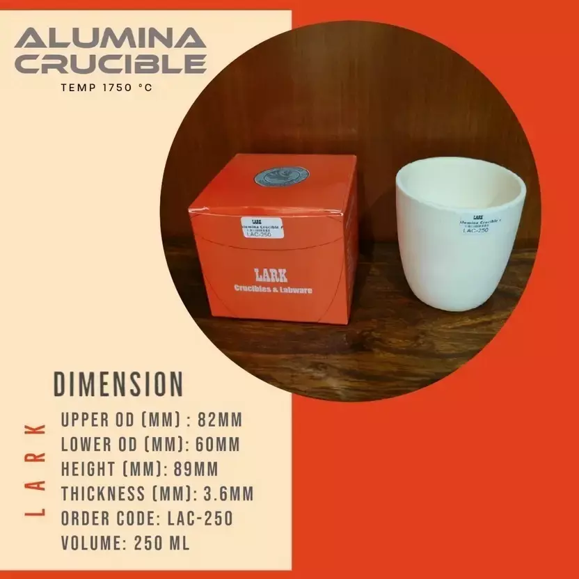 LARK Alumina Crucible 250 ml Capacity and 1750°C Temperature Rating for Laboratories, LAC-250