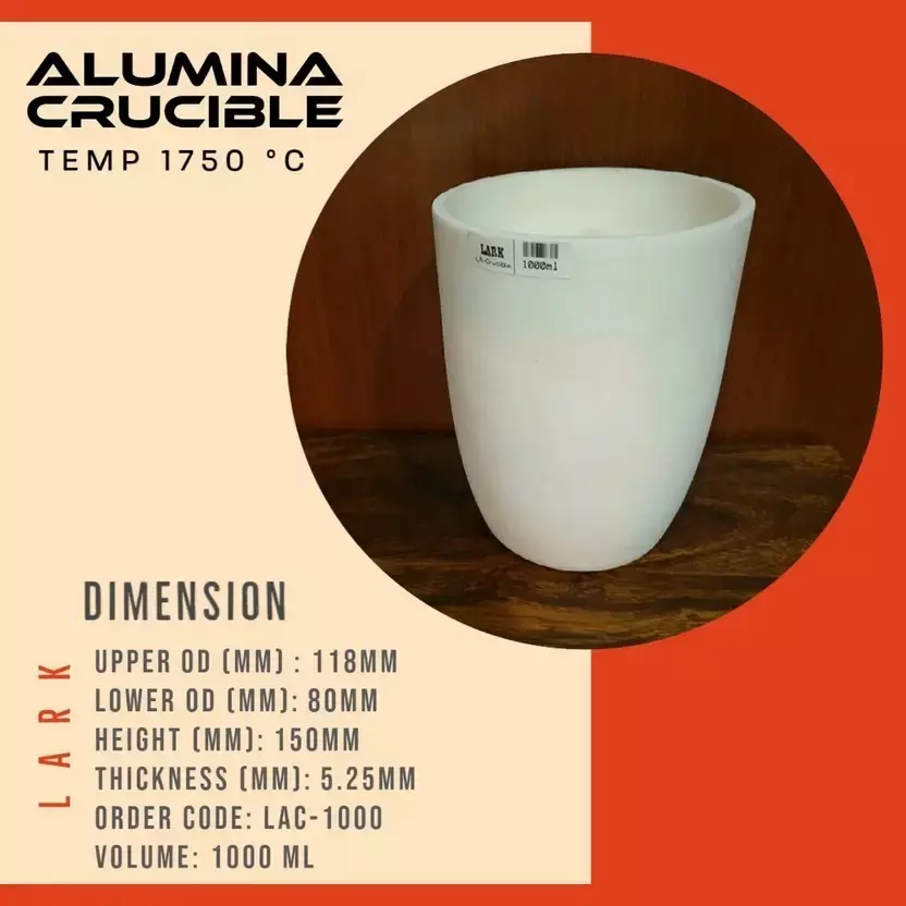 LARK Alumina Crucible 1000 ml Capacity and 1750°C Temperature Rating for Laboratories, LAC-1000