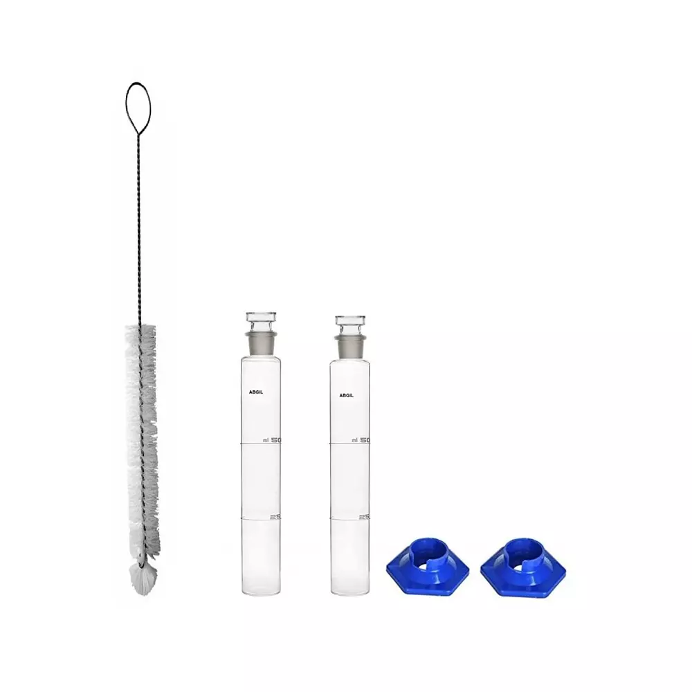 ABGIL Borosilicate Glass Nessler Cylinder with Anti Falling Plastic Base, Cleaning Brush & Stopper 50 ml Capacity, Set of Two Units, ABG3403