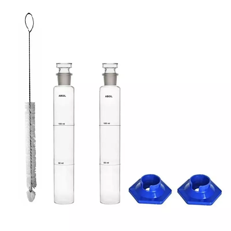 ABGIL Borosilicate Glass Nessler Cylinder with Anti Falling Plastic Base, Cleaning Brush & Stopper 100 ml Capacity, Set of Two Units, ABG3404