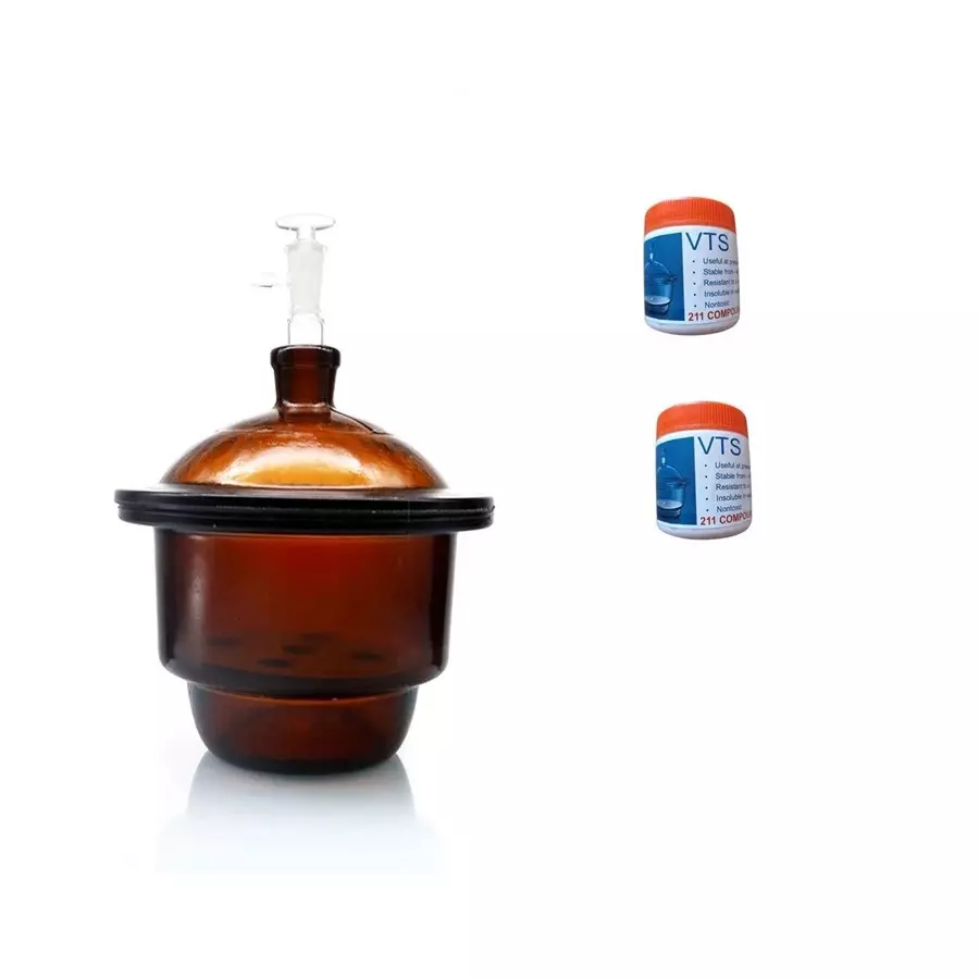 ABGIL Amber Color Glass Desiccator with Porcelain Plate, Vacuum Stopccock & Vacuum Silicone Grease Two Units, 100 ml Capacity Each Grease, Inner Diameter 210 mm, ABG1376