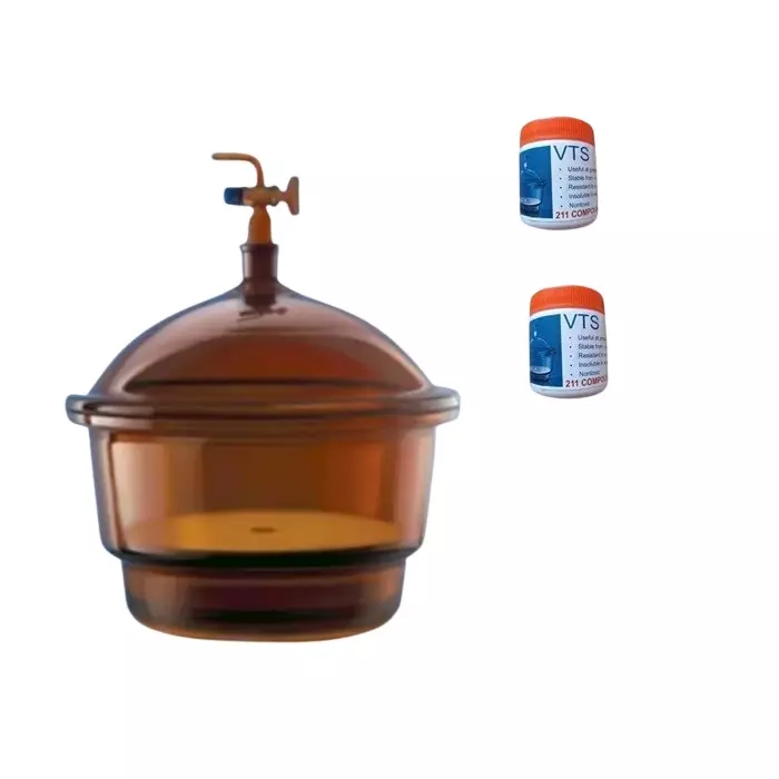 ABGIL Amber Color Glass Desiccator with Porcelain Plate & Vacuum Stopccock (Spindle) & Vacuum Silicone Grease Two Units, 100 ml Capacity Each Grease, Inner Diameter 150 mm, ABG1391