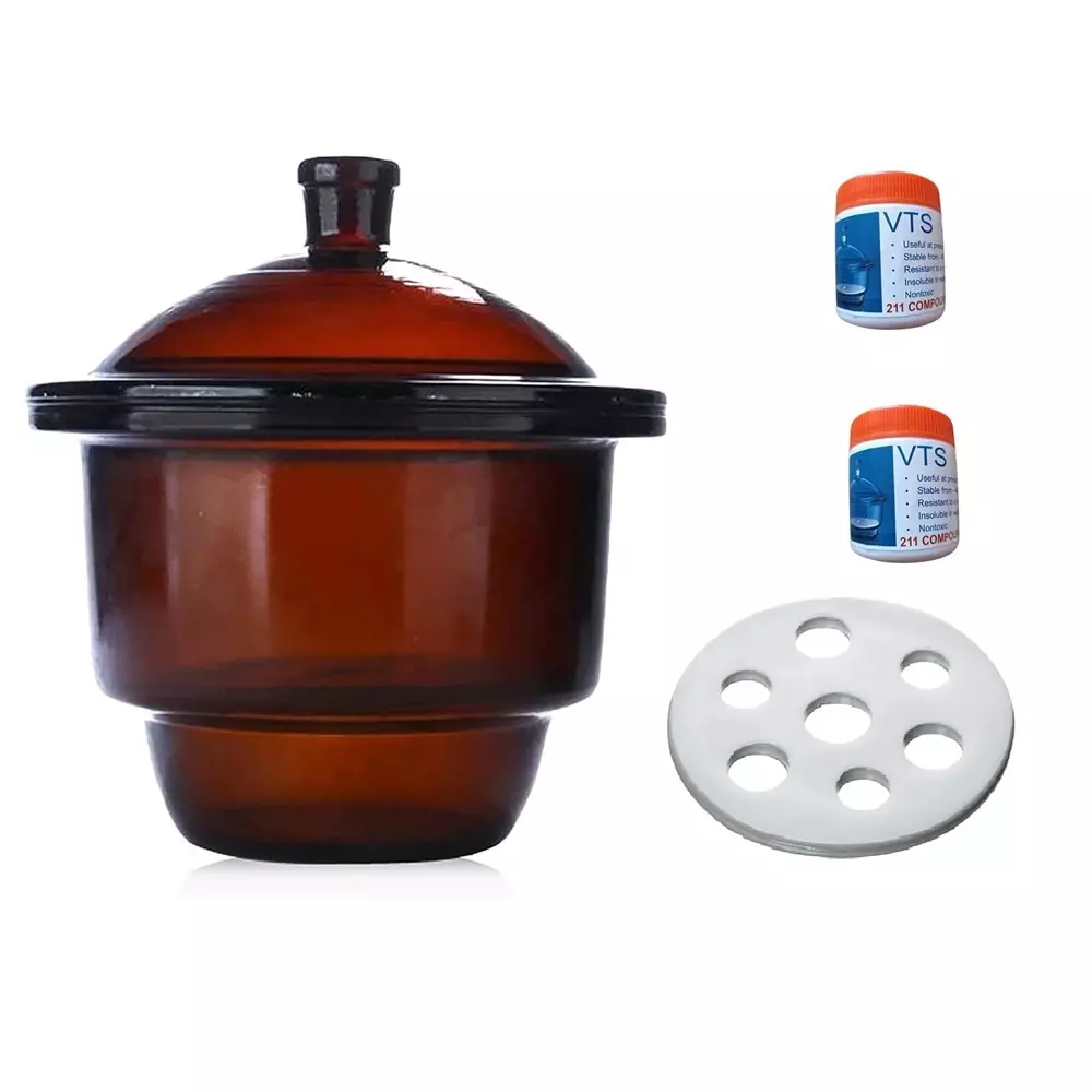ABGIL Amber Color Glass Desiccator with Porcelain Plate & Vacuum Silicone Grease Two Units, 100 ml Capacity Each Grease, Inner Diameter 210 mm, ABG1361